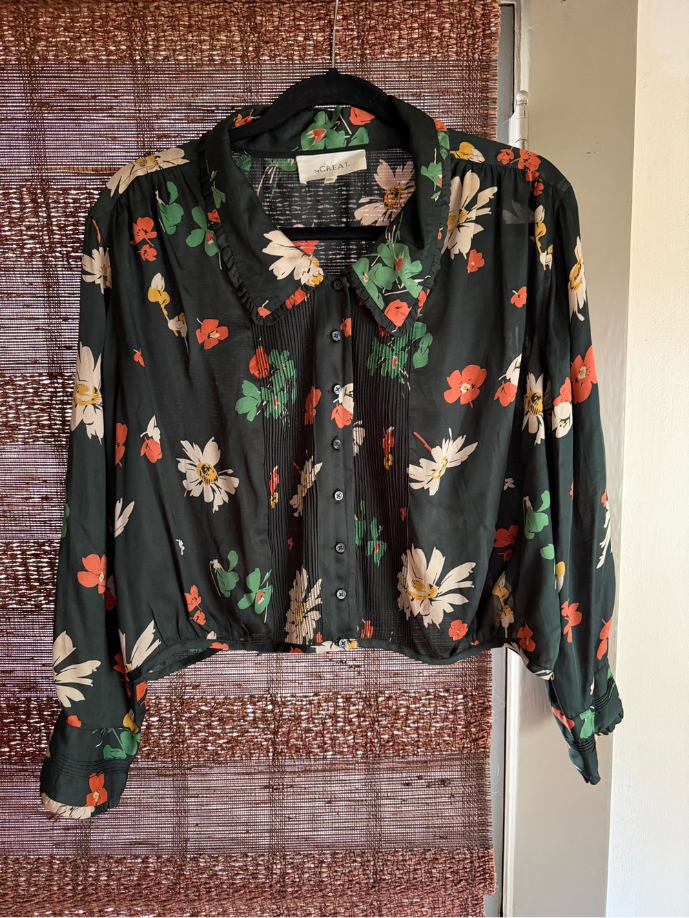 THE GREAT. Dark Green Floral Button-Down Shirt with Cream, Green and Orange Prin